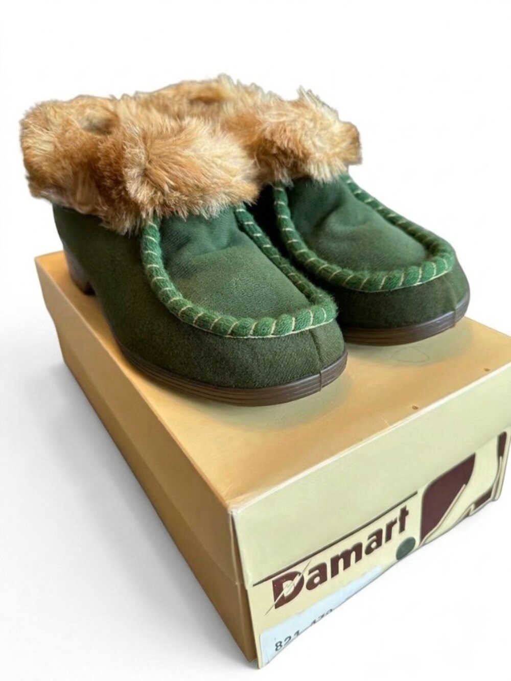 Vintage Damart French Moccasin Slipper Boots Faux Fur Collar Forest Green 7.5 US